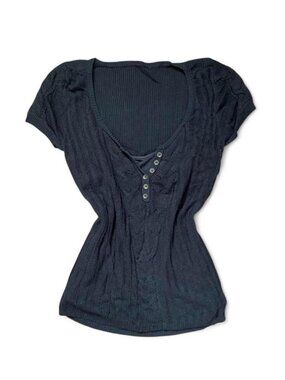 ochirly Black V-Neck Short Sleeve Stretch Knit Button Front Top Size M Y2K